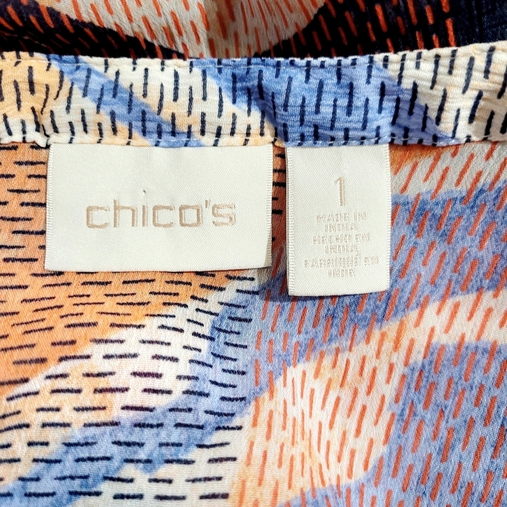 Chico’s Women’s Tunic Top Size Medium Sheer Abstract Print Roll Tab Sleeves - Picture 9 of 11